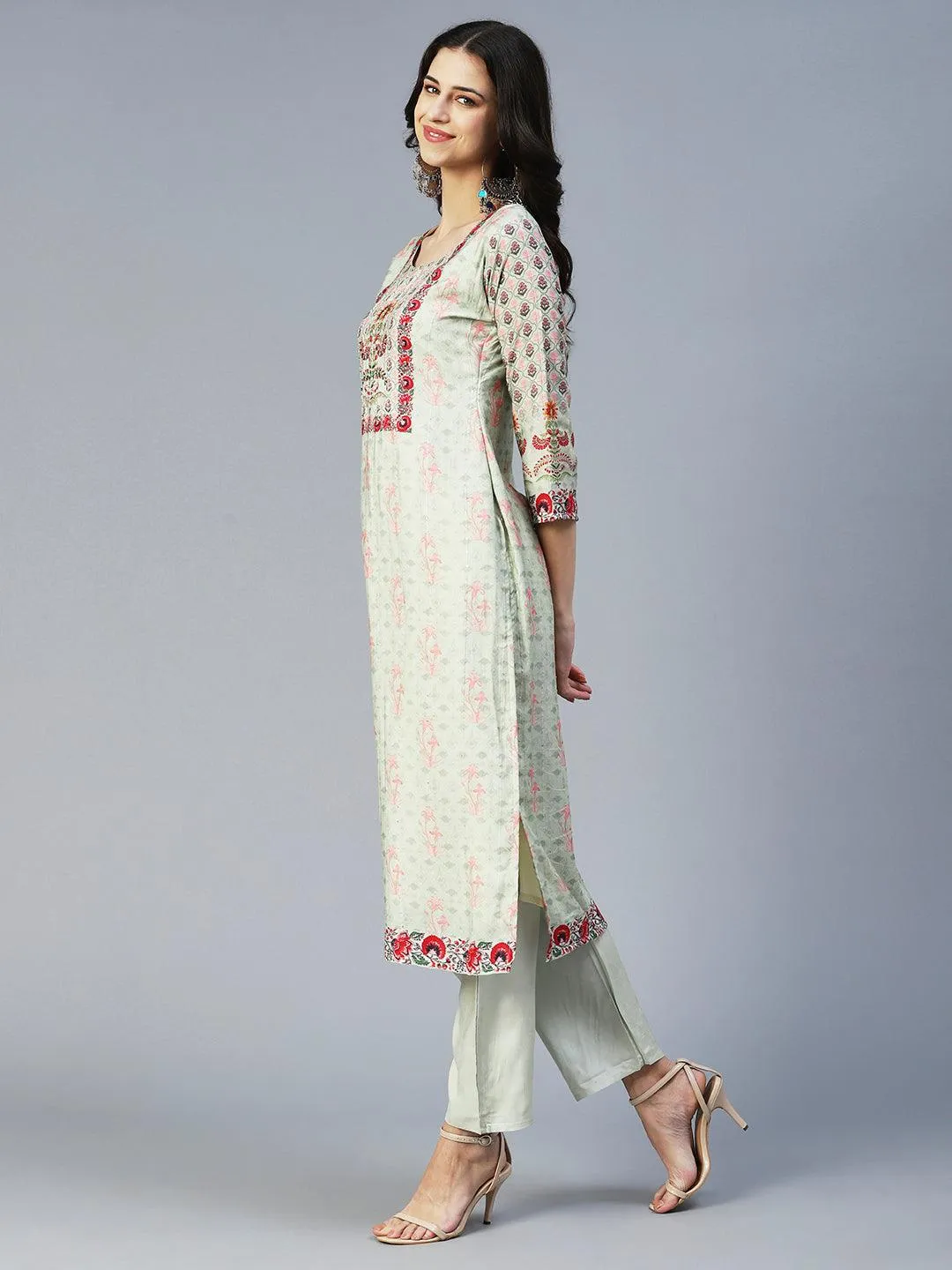 Floral Printed Embroidered Kurta With Pants & Floral Dupatta - Green