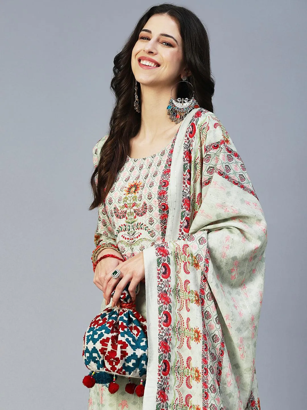 Floral Printed Embroidered Kurta With Pants & Floral Dupatta - Green