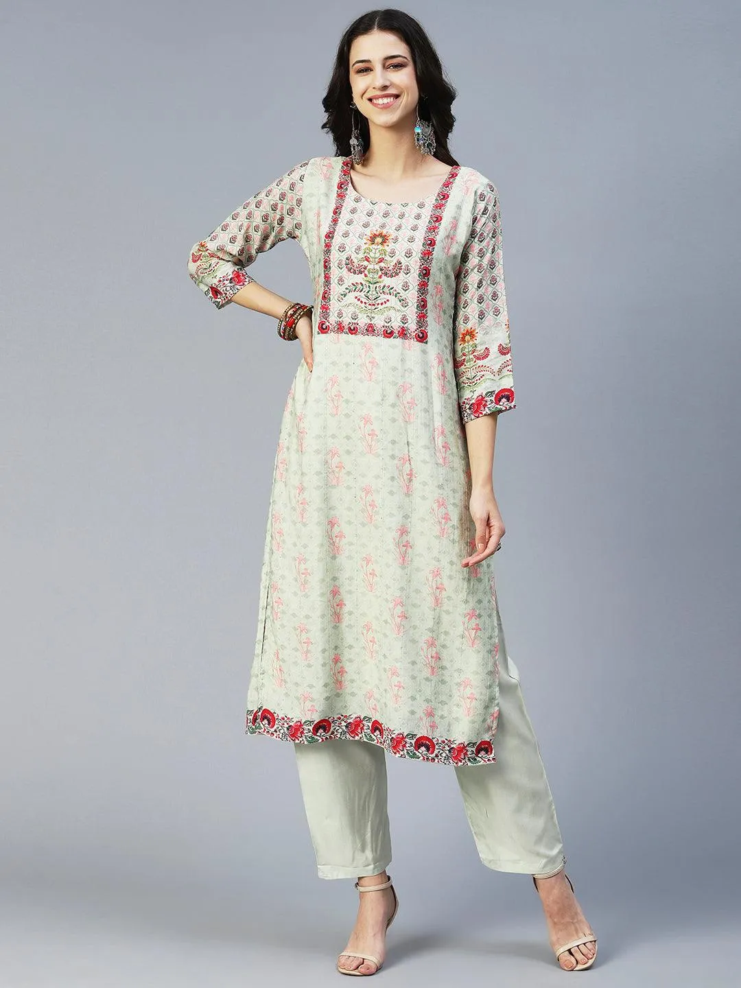 Floral Printed Embroidered Kurta With Pants & Floral Dupatta - Green