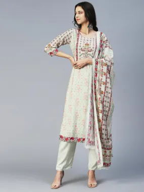 Floral Printed Embroidered Kurta With Pants & Floral Dupatta - Green