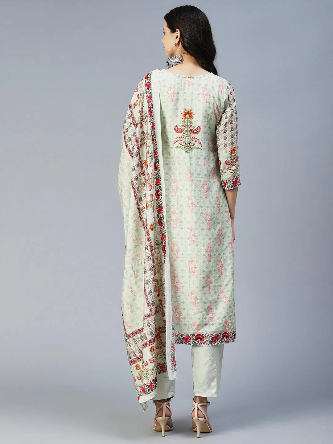Floral Printed Embroidered Kurta With Pants & Floral Dupatta - Green