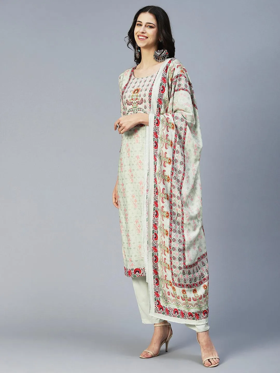 Floral Printed Embroidered Kurta With Pants & Floral Dupatta - Green