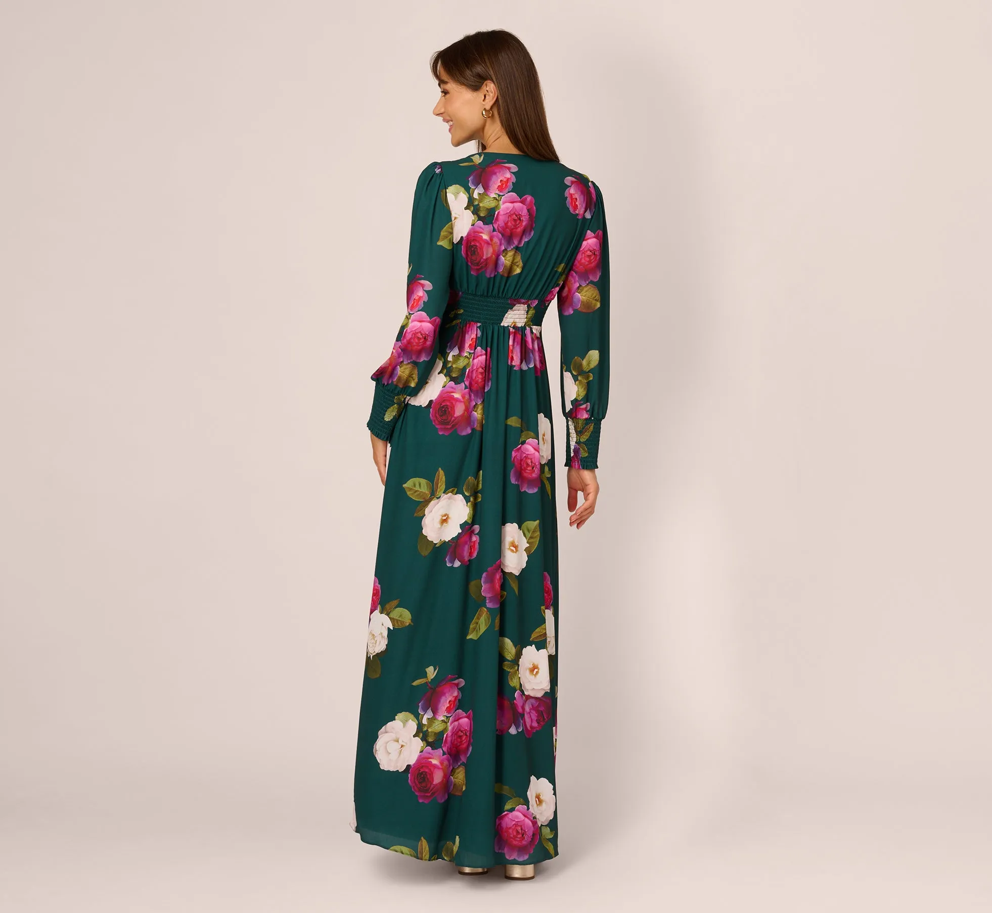 Floral Smock Maxi Dress With Long Sleeves In Green Multi