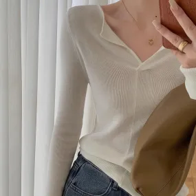 Flytonn-women fall outfits high street ins style  fall outfits women Korean Style Polo Collar Sweater Women's New Design Double Collar Chic Early Autumn Chic Top Bottoming Shirt