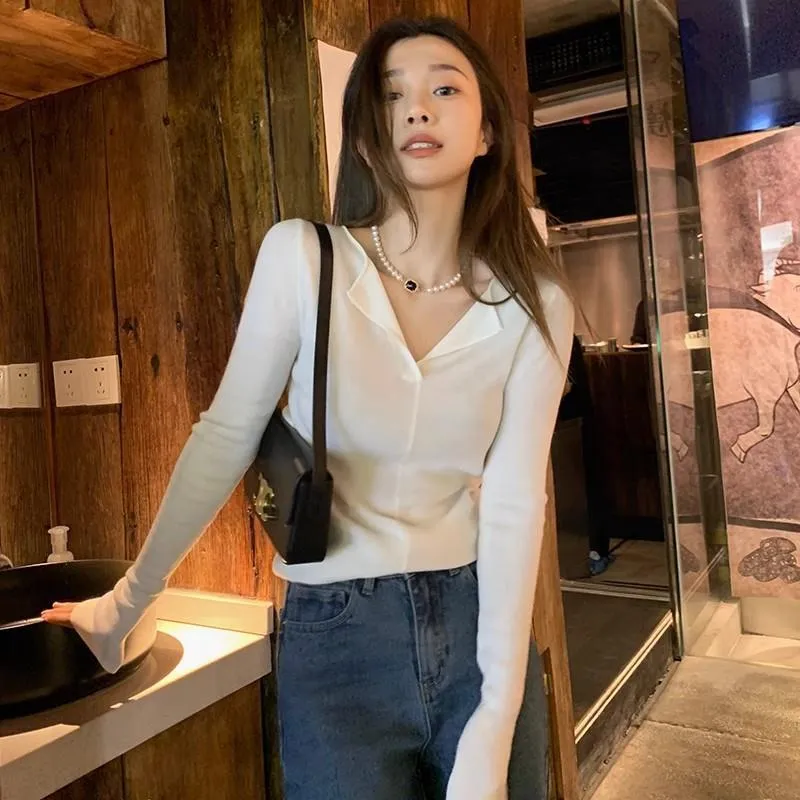 Flytonn-women fall outfits high street ins style  fall outfits women Korean Style Polo Collar Sweater Women's New Design Double Collar Chic Early Autumn Chic Top Bottoming Shirt