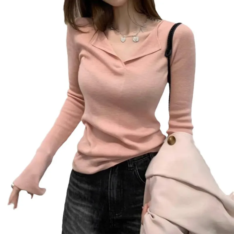 Flytonn-women fall outfits high street ins style  fall outfits women Korean Style Polo Collar Sweater Women's New Design Double Collar Chic Early Autumn Chic Top Bottoming Shirt