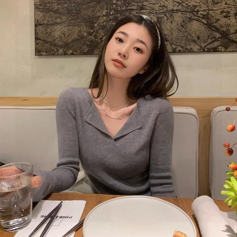 Flytonn-women fall outfits high street ins style  fall outfits women Korean Style Polo Collar Sweater Women's New Design Double Collar Chic Early Autumn Chic Top Bottoming Shirt