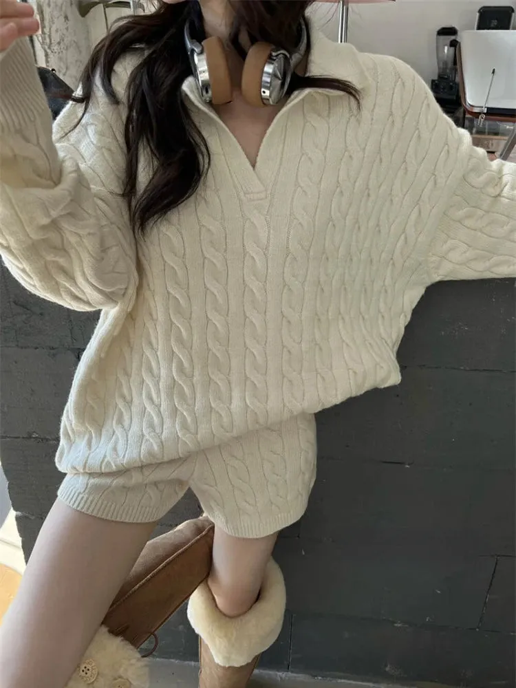Girlary Autumn Winter Korean Style Premium Knitted 2 Piece Set Casual Loose Polo Neck Sweater Tops   Y2k Shorts Pure Color Women Outfits