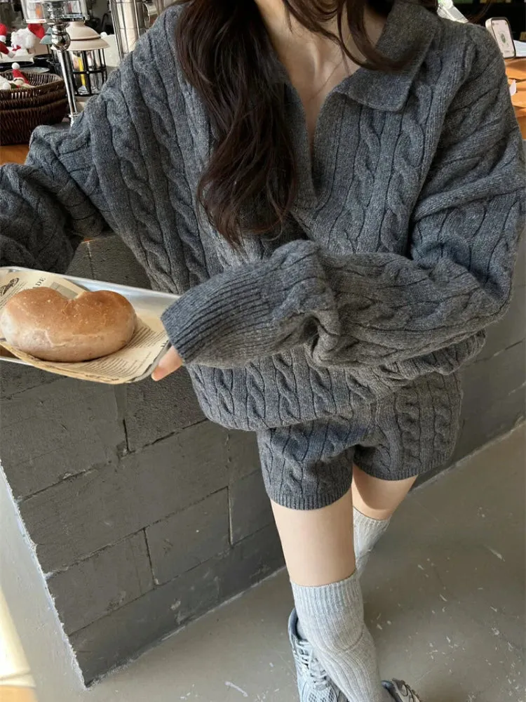 Girlary Autumn Winter Korean Style Premium Knitted 2 Piece Set Casual Loose Polo Neck Sweater Tops   Y2k Shorts Pure Color Women Outfits