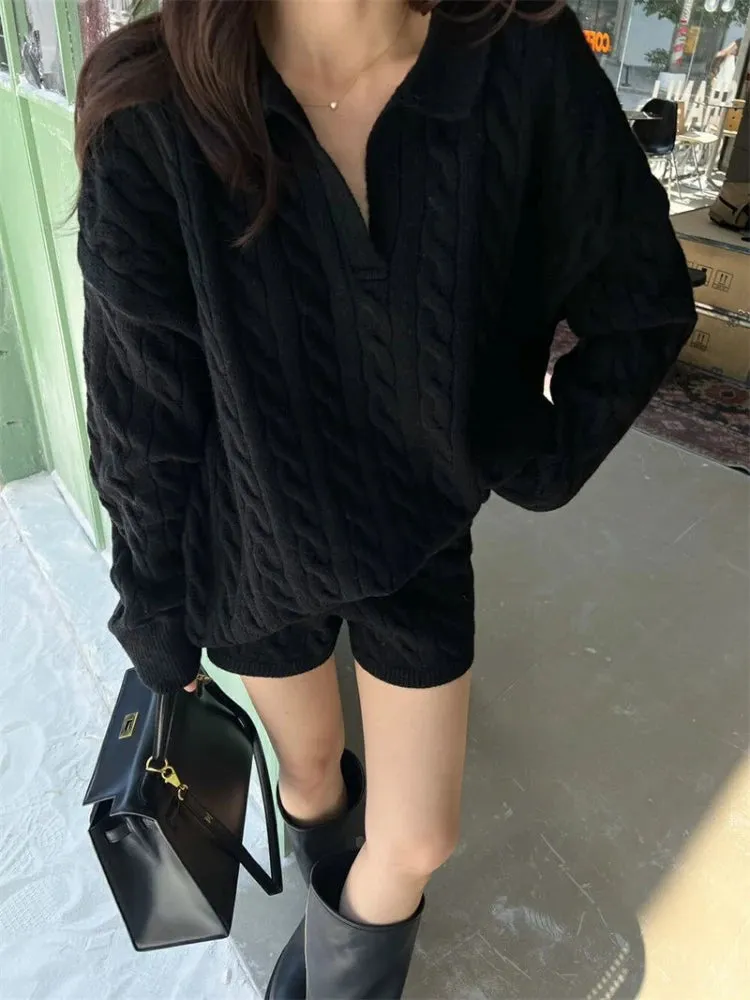Girlary Autumn Winter Korean Style Premium Knitted 2 Piece Set Casual Loose Polo Neck Sweater Tops   Y2k Shorts Pure Color Women Outfits