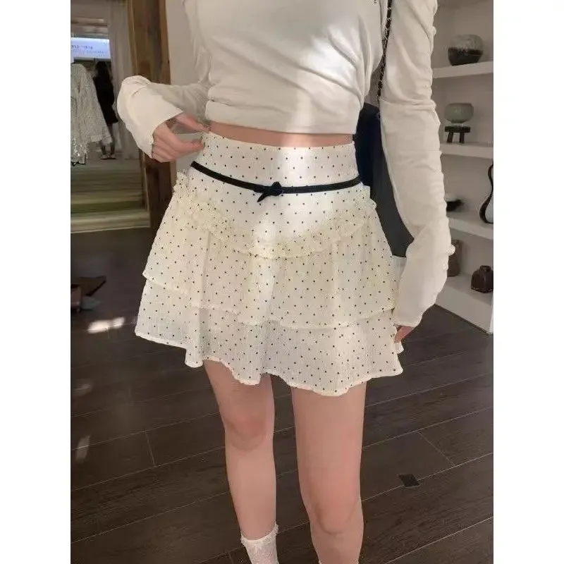 Girlary Ruffle Fairycore Women Mini Skirt Sweet Lace Bow Layered Patchwork Dot Short Skirts Elegant Cute Korean Style Skirt