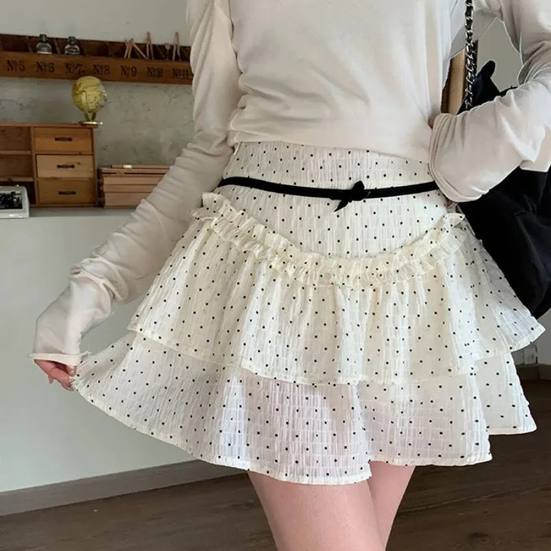 Girlary Ruffle Fairycore Women Mini Skirt Sweet Lace Bow Layered Patchwork Dot Short Skirts Elegant Cute Korean Style Skirt