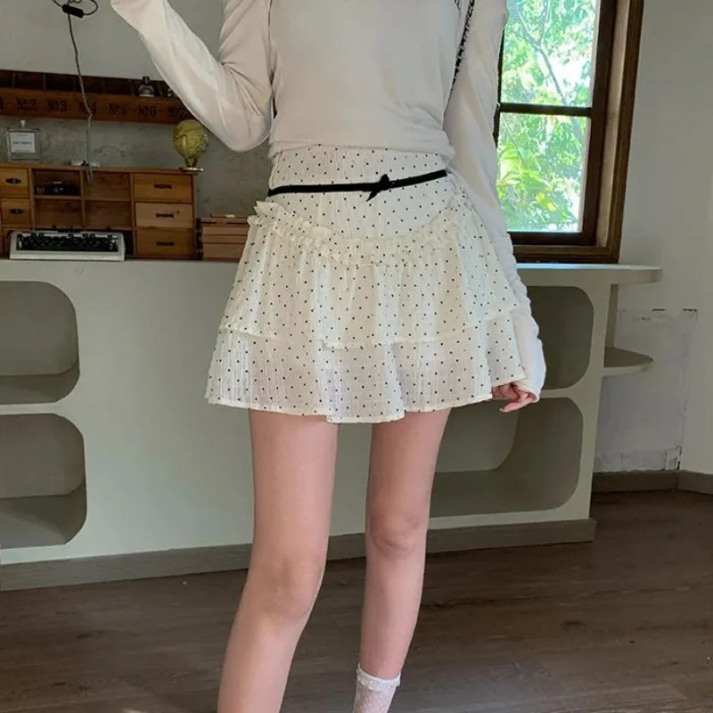 Girlary Ruffle Fairycore Women Mini Skirt Sweet Lace Bow Layered Patchwork Dot Short Skirts Elegant Cute Korean Style Skirt