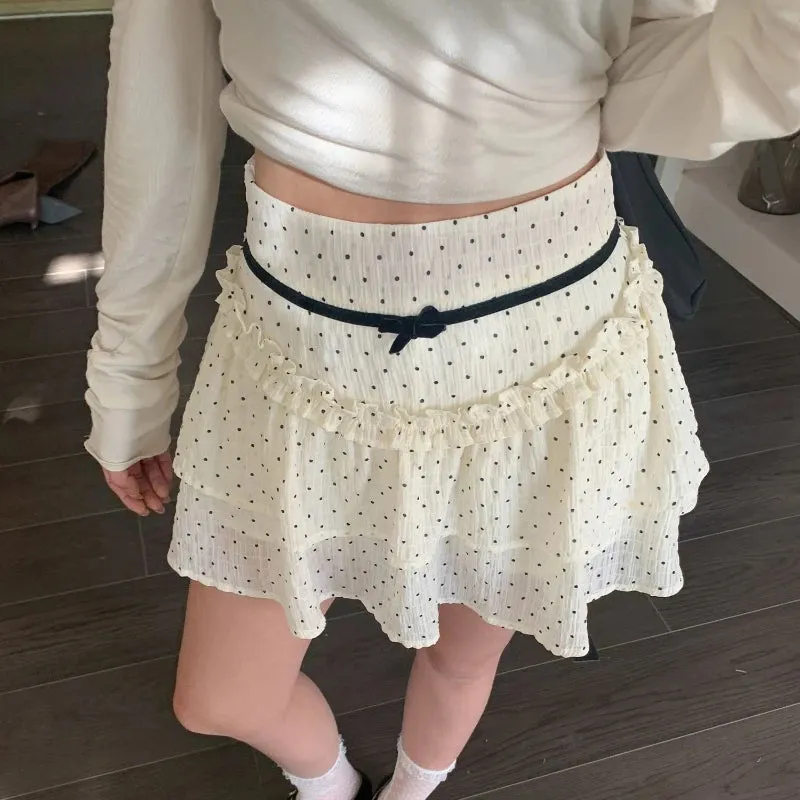 Girlary Ruffle Fairycore Women Mini Skirt Sweet Lace Bow Layered Patchwork Dot Short Skirts Elegant Cute Korean Style Skirt