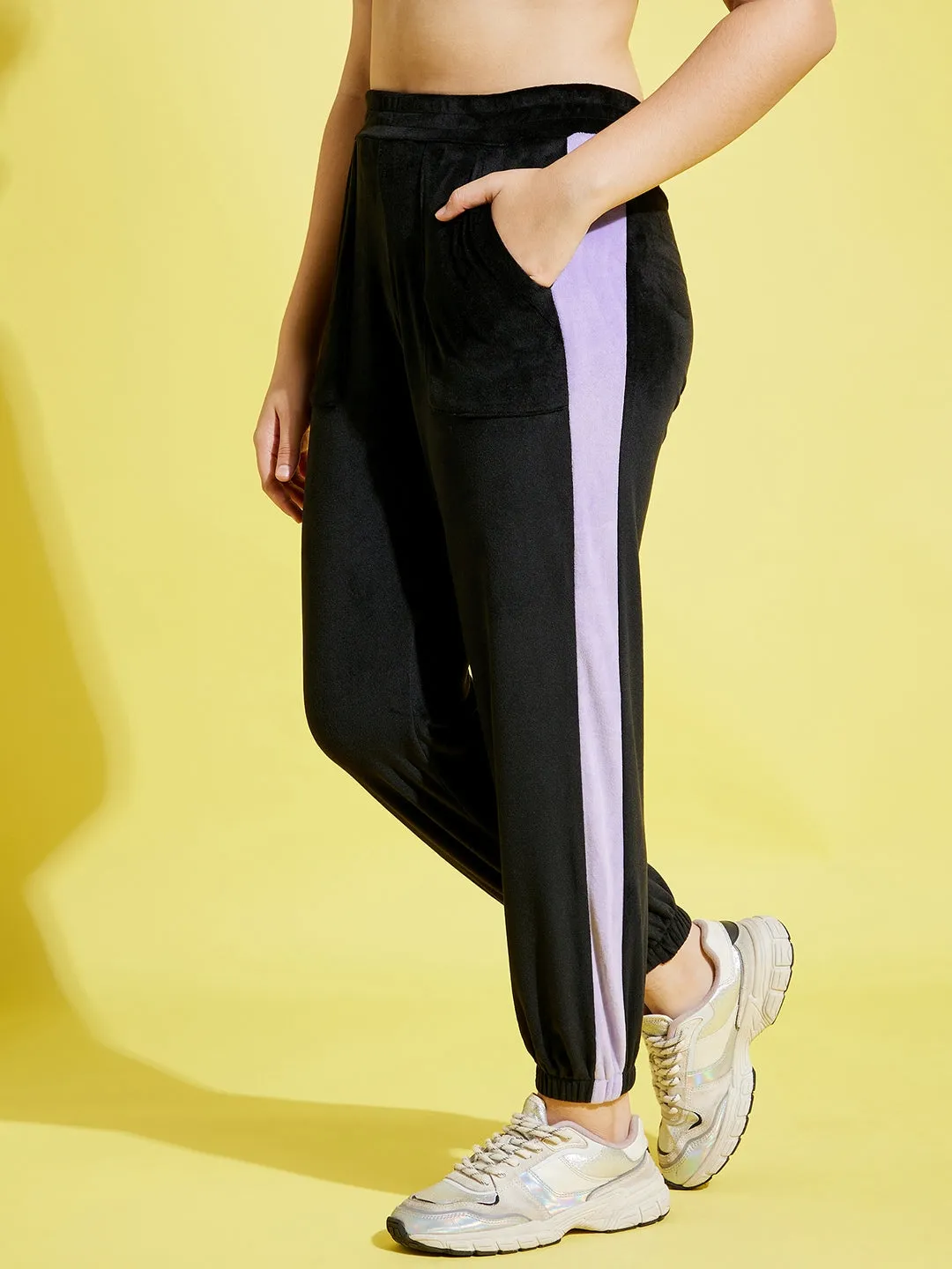 Girls Black & Lavender Velour Joggers - Lyush Kids