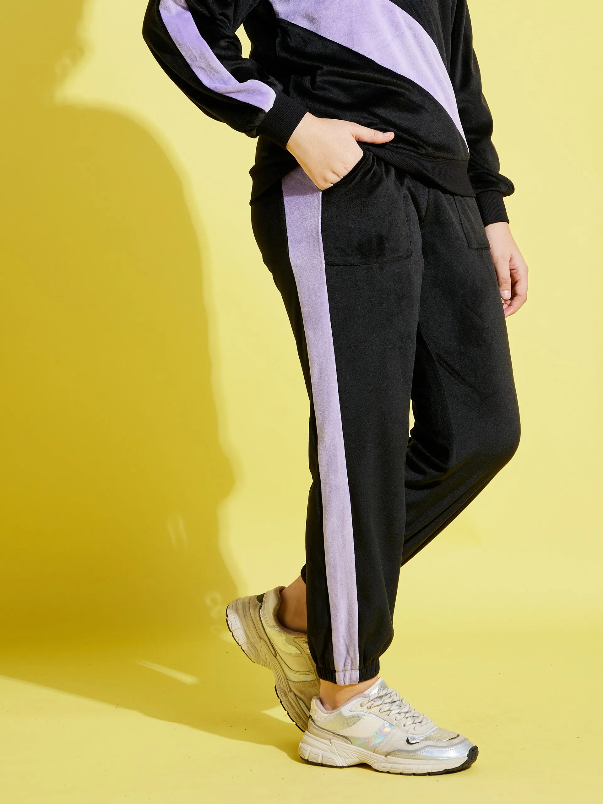 Girls Black & Lavender Velour Joggers - Lyush Kids