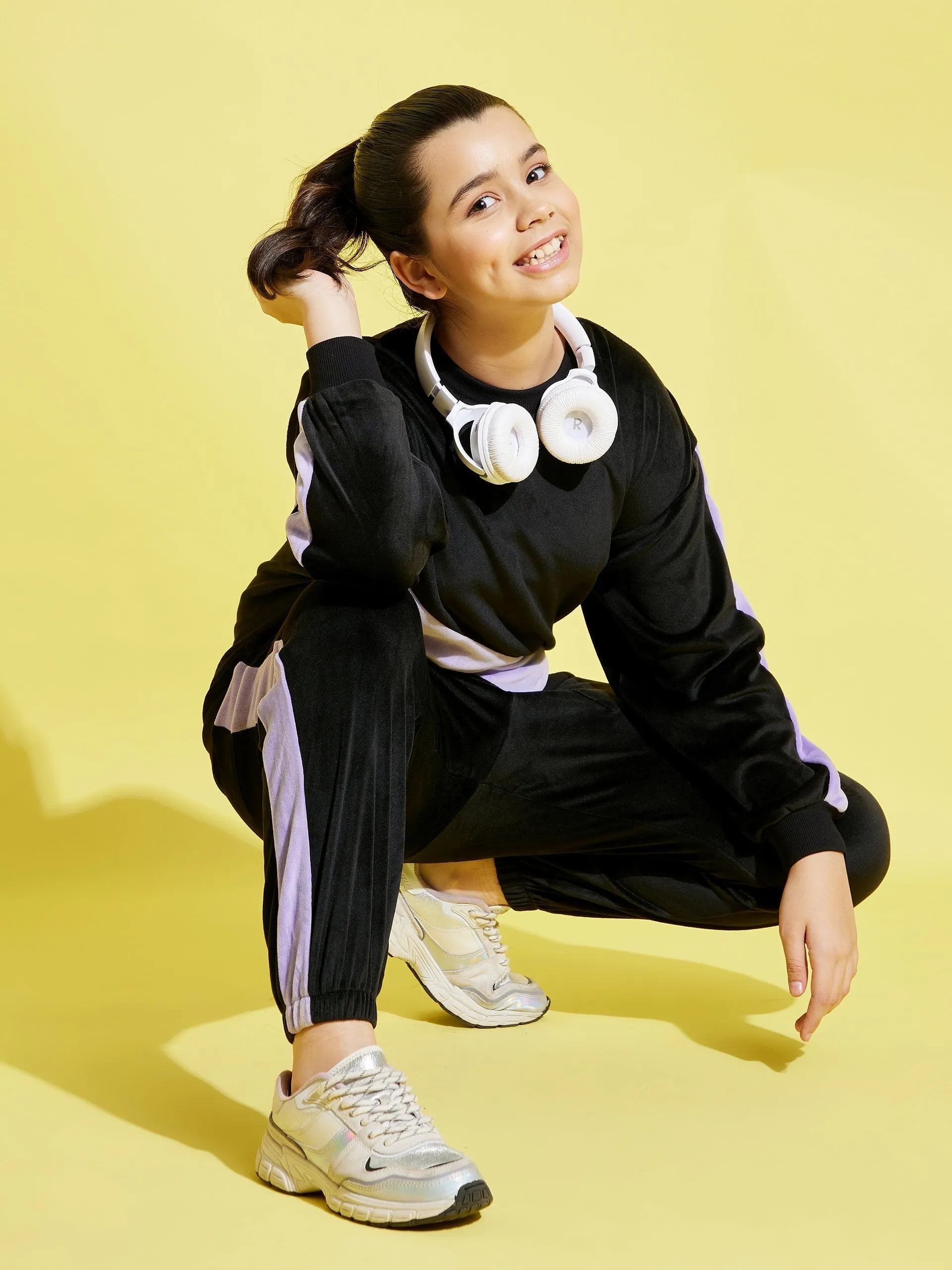 Girls Black & Lavender Velour Joggers - Lyush Kids