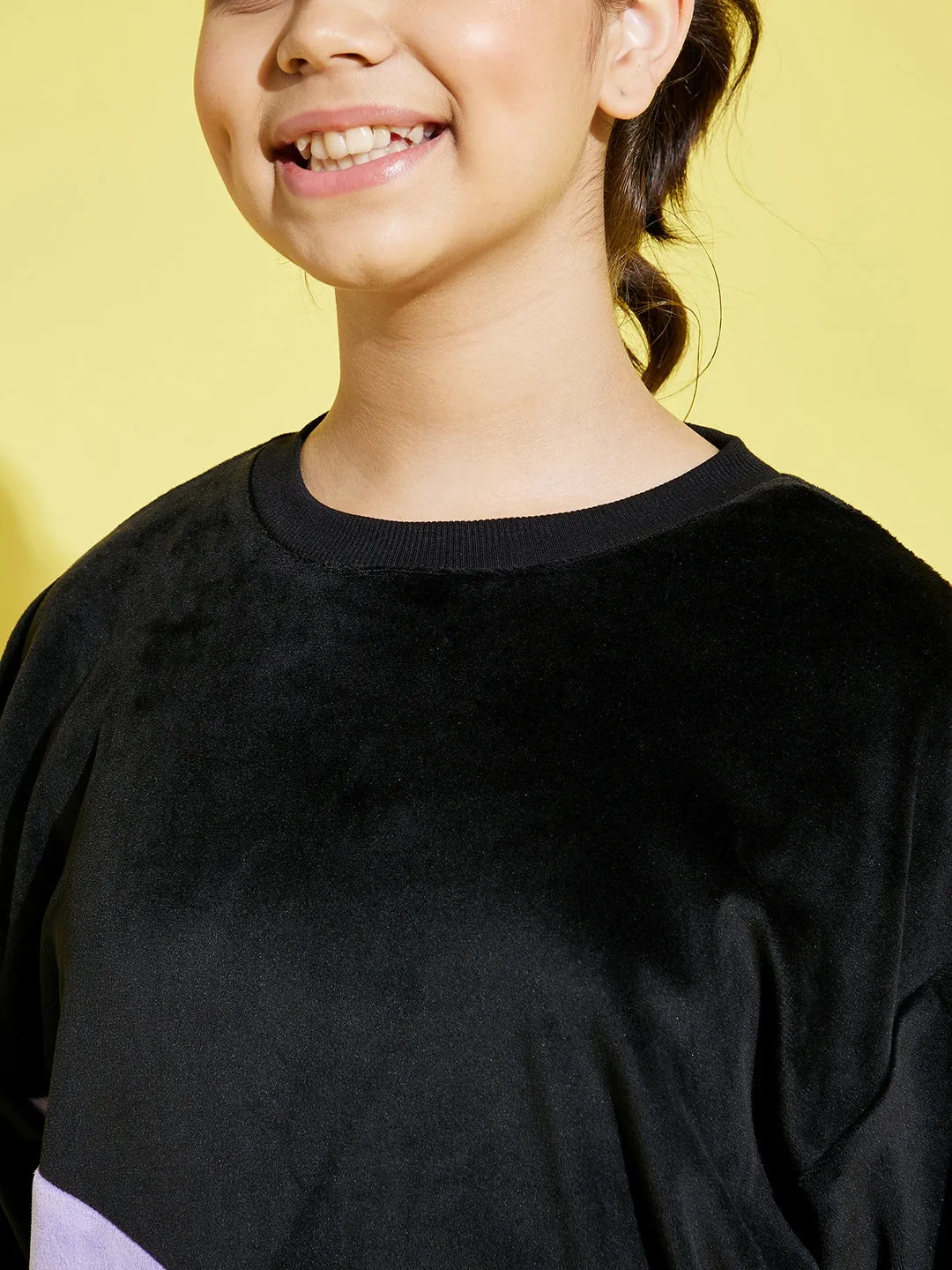 Girls Black & Lavender Velour Oversize Sweatshirt With Joggers - Lyush Kids