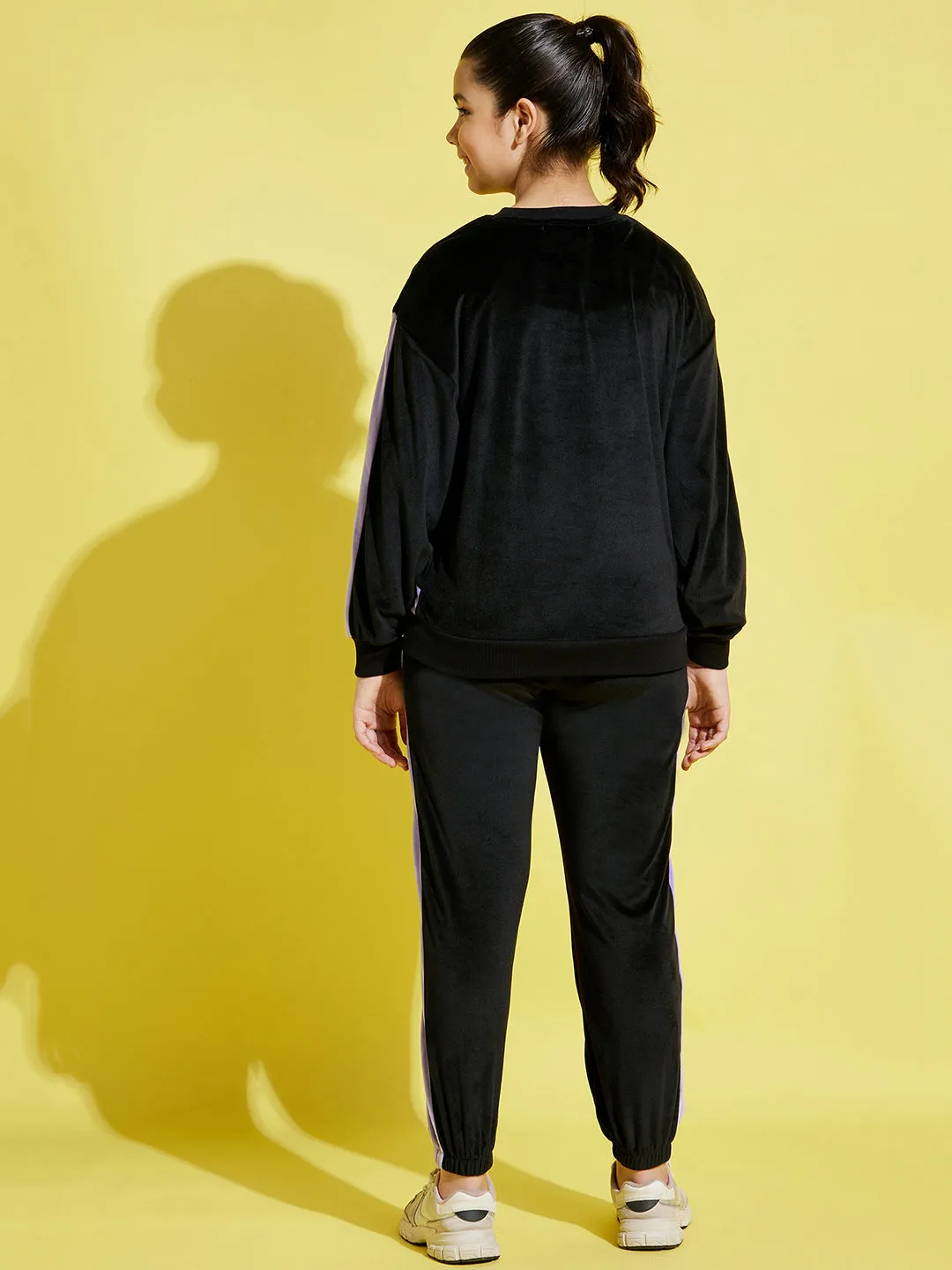 Girls Black & Lavender Velour Oversize Sweatshirt With Joggers - Lyush Kids