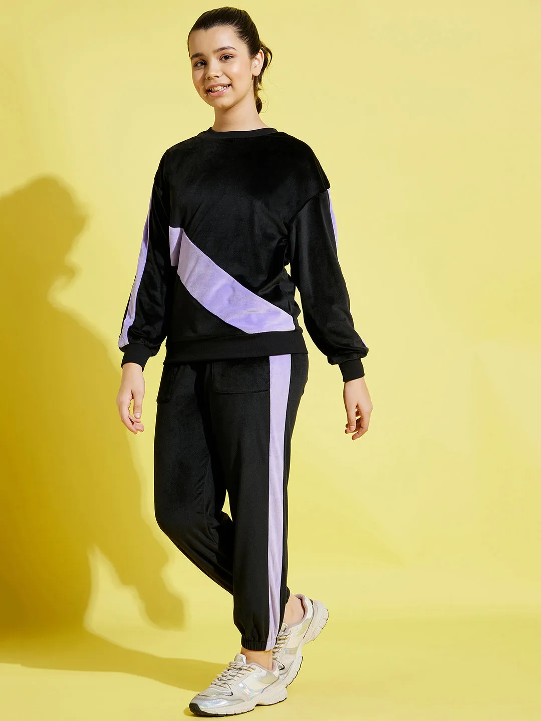 Girls Black & Lavender Velour Oversize Sweatshirt With Joggers - Lyush Kids