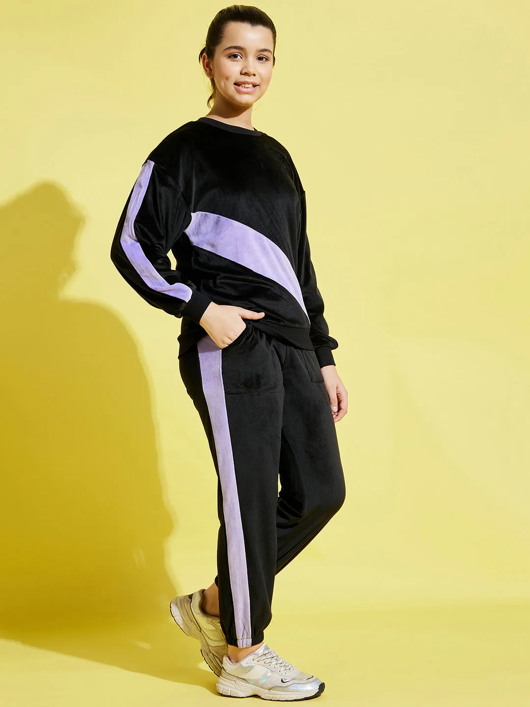 Girls Black & Lavender Velour Oversize Sweatshirt With Joggers - Lyush Kids