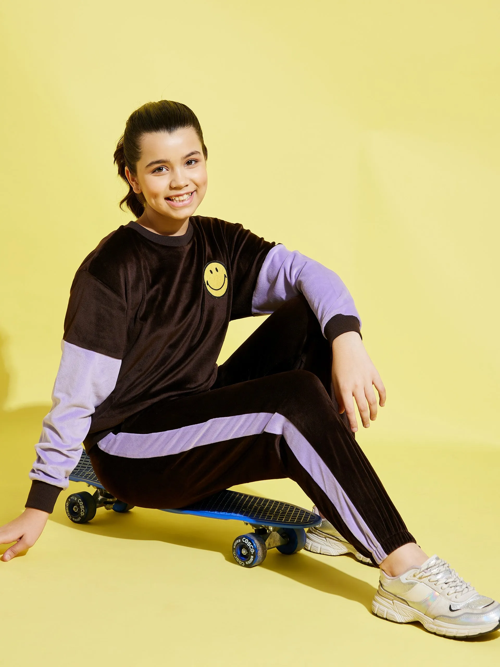 Girls Brown & Lavender Velour Joggers - Lyush Kids