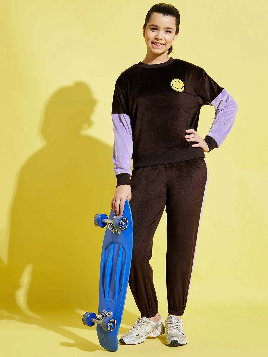 Girls Brown & Lavender Velour Joggers - Lyush Kids