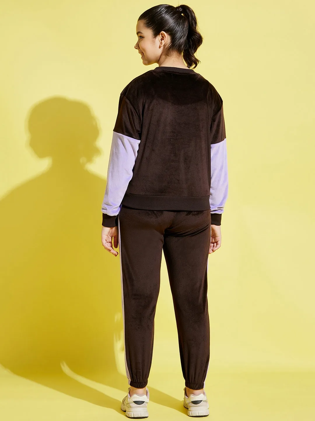 Girls Brown & Lavender Velour Oversize Sweatshirt With Joggers - Lyush Kids