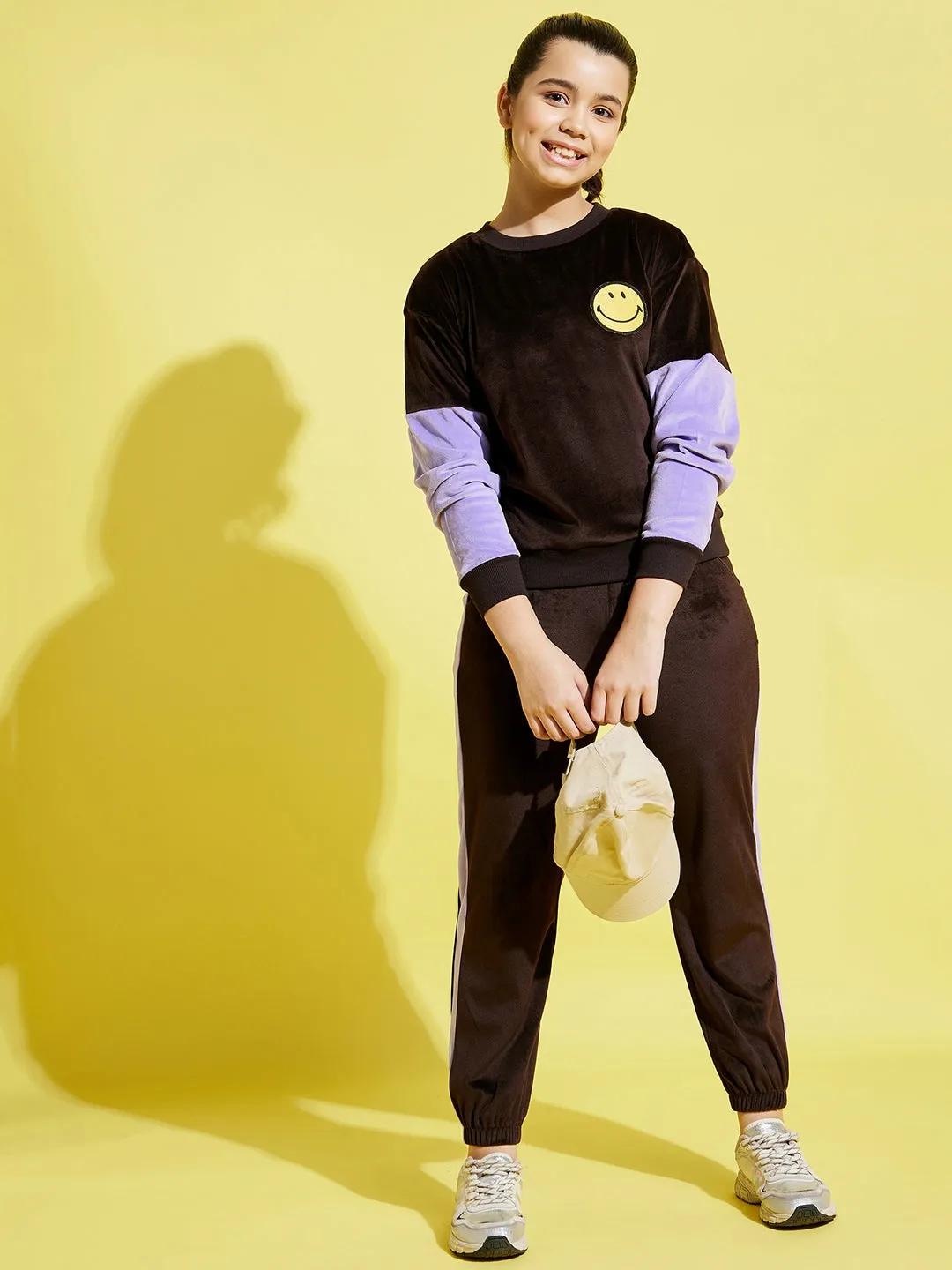 Girls Brown & Lavender Velour Oversize Sweatshirt With Joggers - Lyush Kids