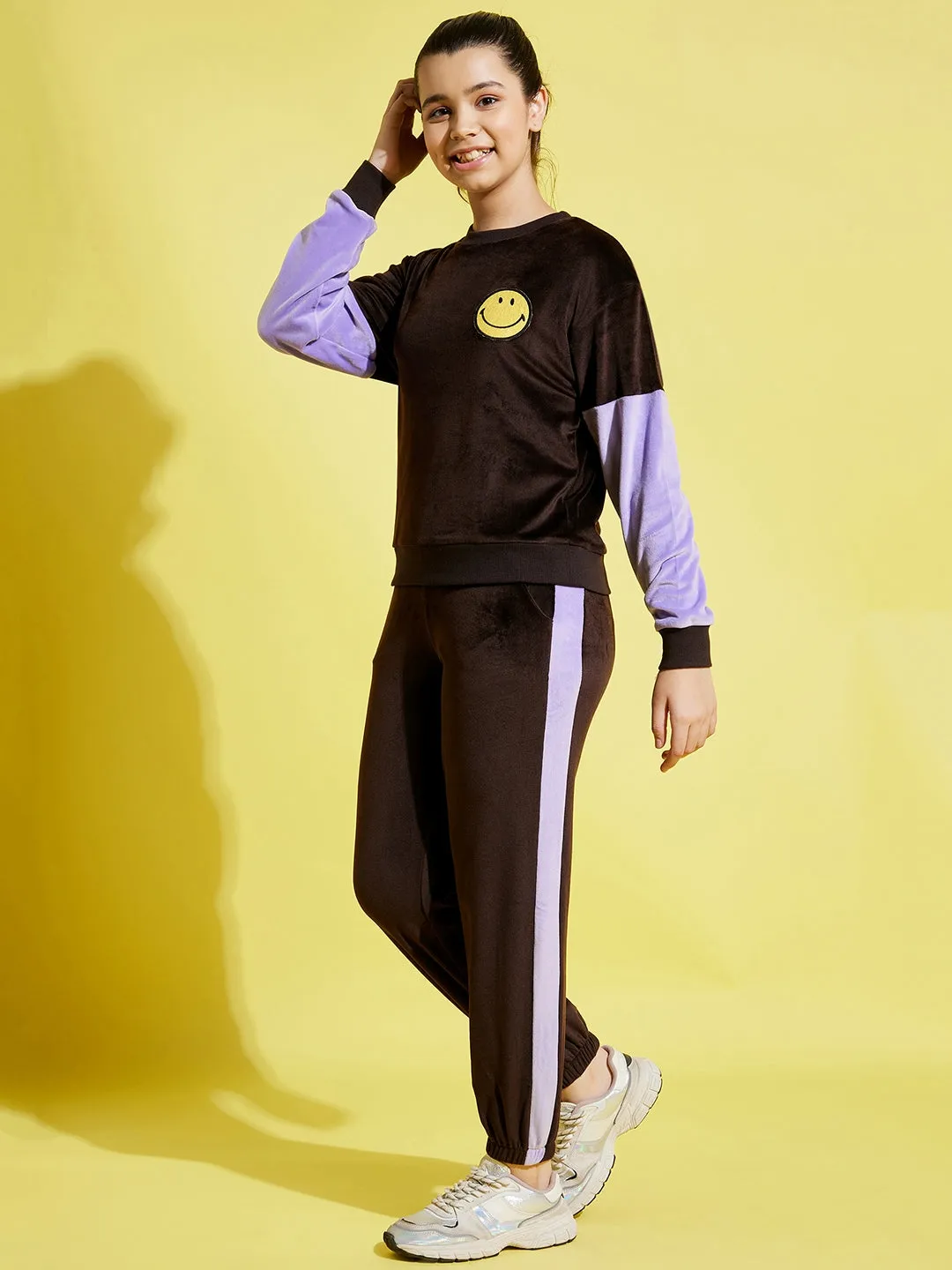 Girls Brown & Lavender Velour Oversize Sweatshirt With Joggers - Lyush Kids
