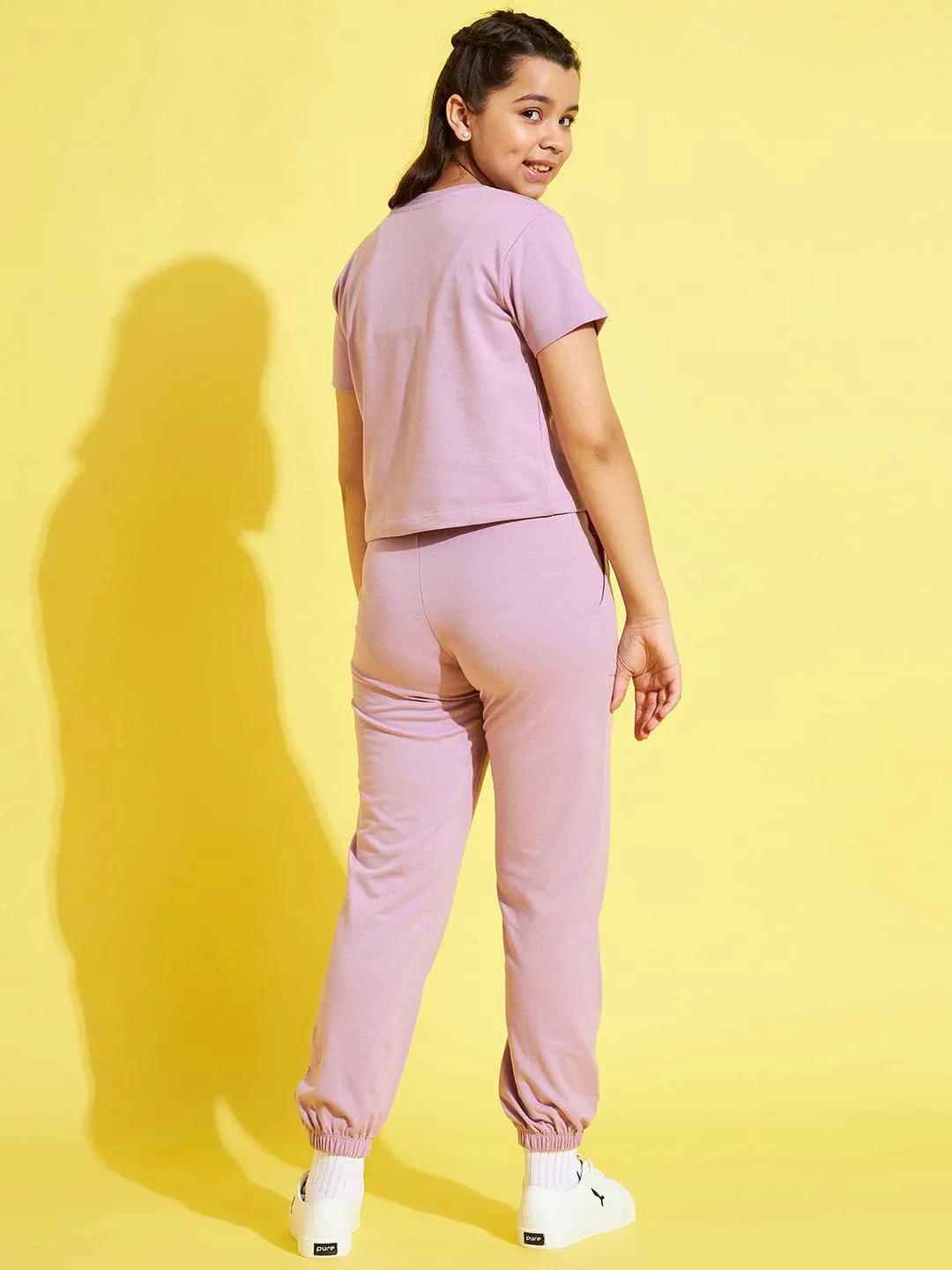 Girls Lavender Who Cares Crop Top With Joggers - Lyush Kids