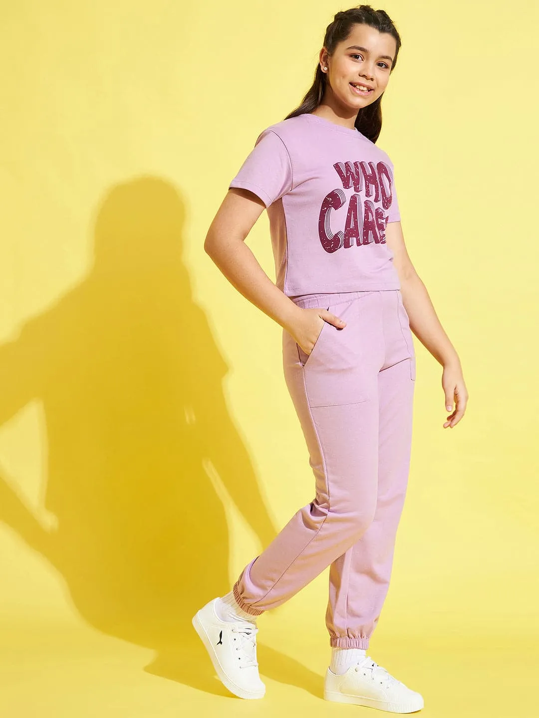 Girls Lavender Who Cares Crop Top With Joggers - Lyush Kids