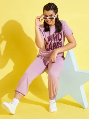Girls Lavender Who Cares Crop Top With Joggers - Lyush Kids