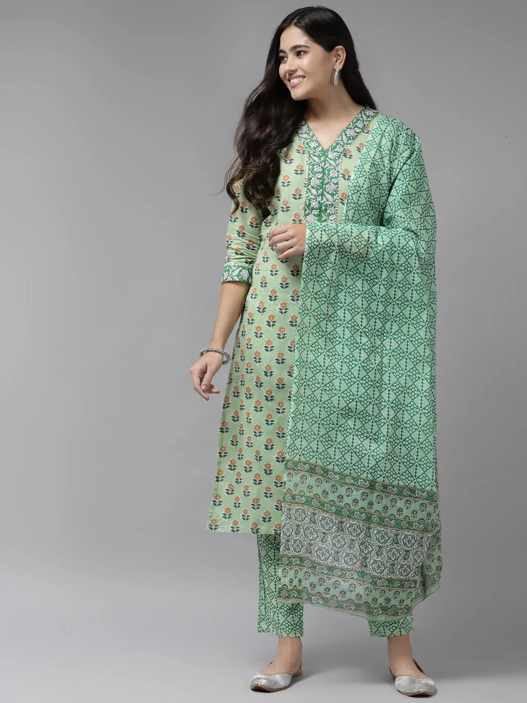 Green Sequined Cotton Dupatta Set