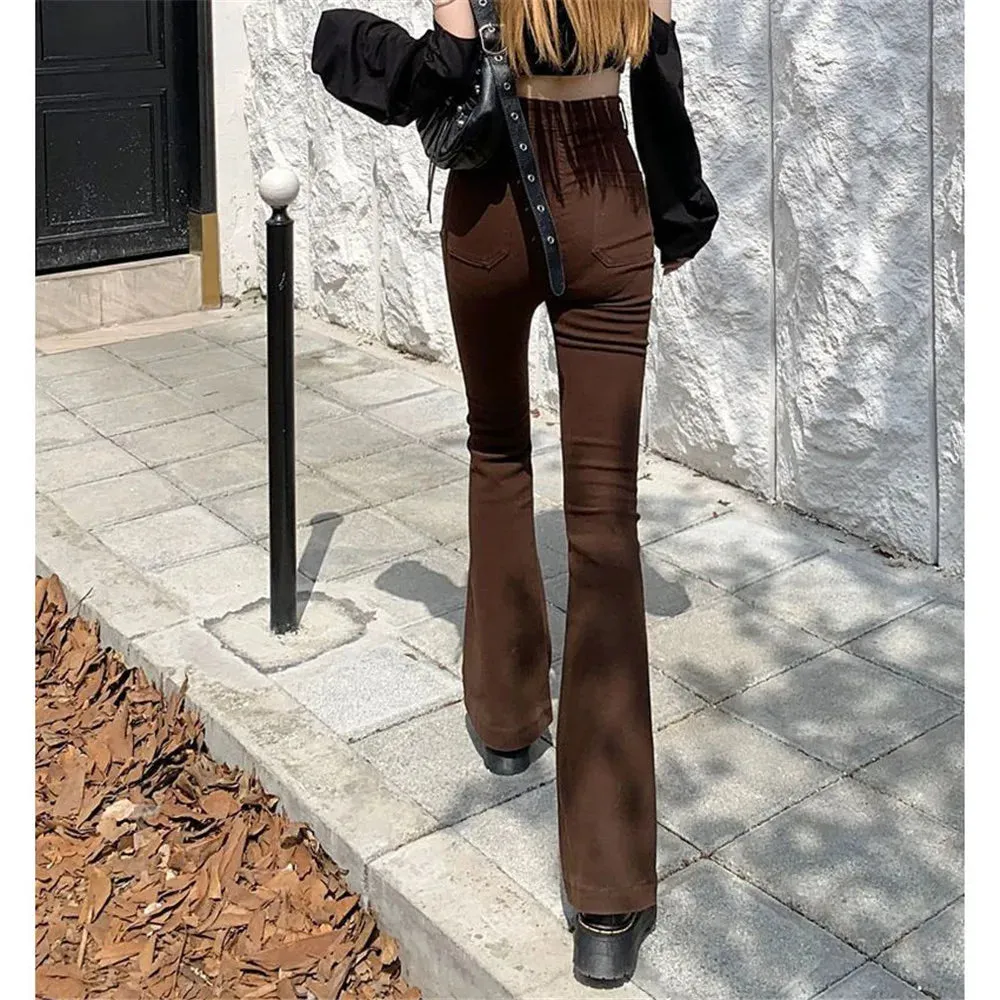 High Waist Stretch Slim Flared Women Bottom Straight Spring Autumn Brown Denim Pants Female Fashion Streetwear Jeans