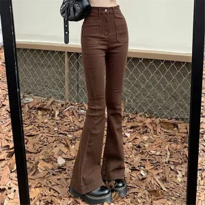 High Waist Stretch Slim Flared Women Bottom Straight Spring Autumn Brown Denim Pants Female Fashion Streetwear Jeans
