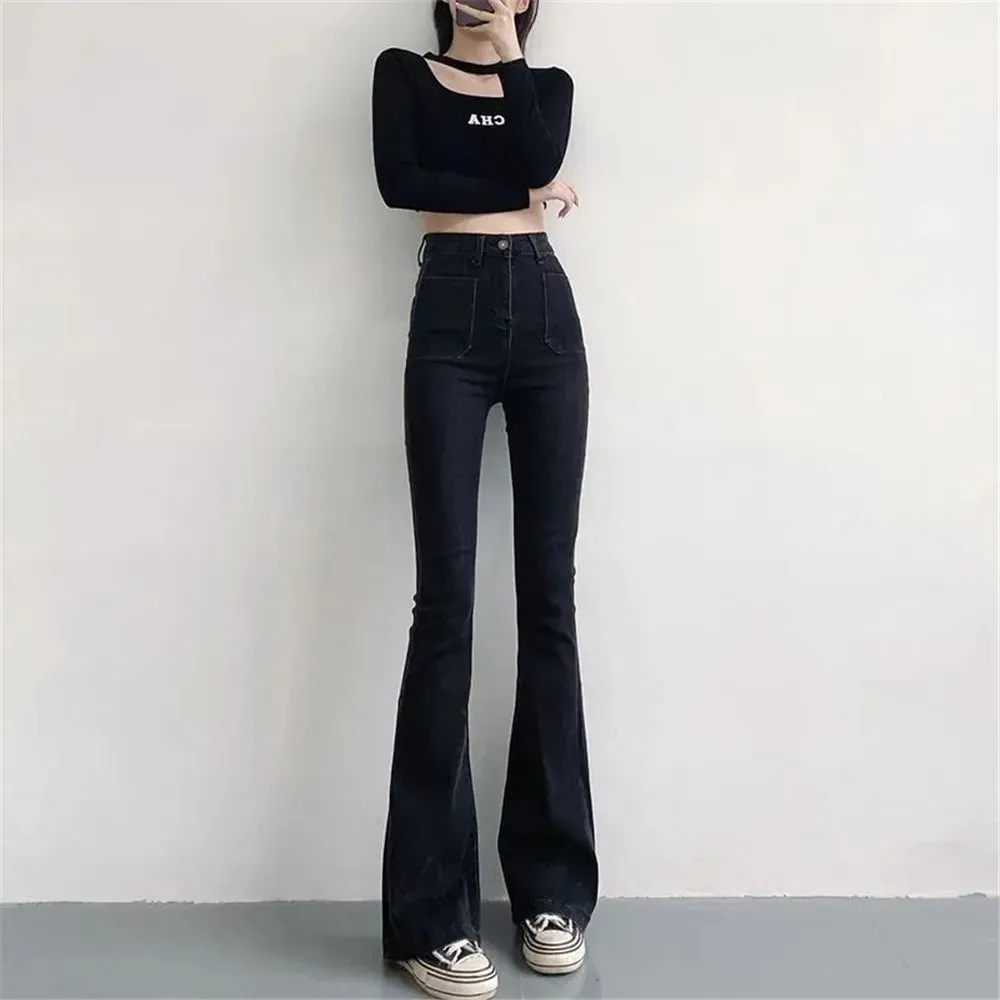 High Waist Stretch Slim Flared Women Bottom Straight Spring Autumn Brown Denim Pants Female Fashion Streetwear Jeans