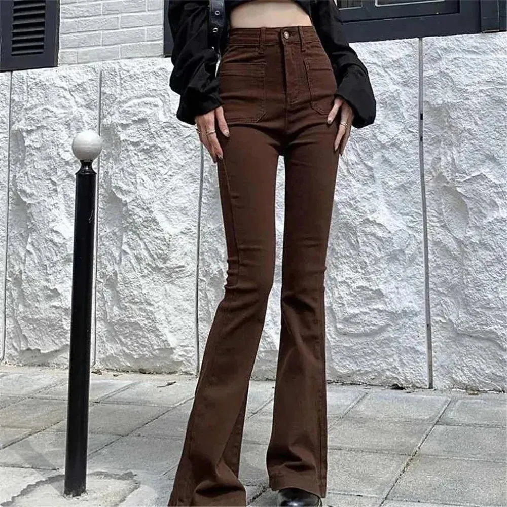 High Waist Stretch Slim Flared Women Bottom Straight Spring Autumn Brown Denim Pants Female Fashion Streetwear Jeans