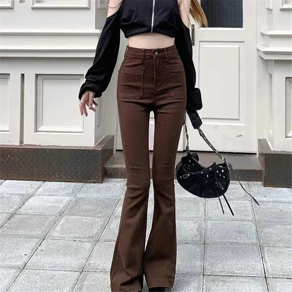 High Waist Stretch Slim Flared Women Bottom Straight Spring Autumn Brown Denim Pants Female Fashion Streetwear Jeans