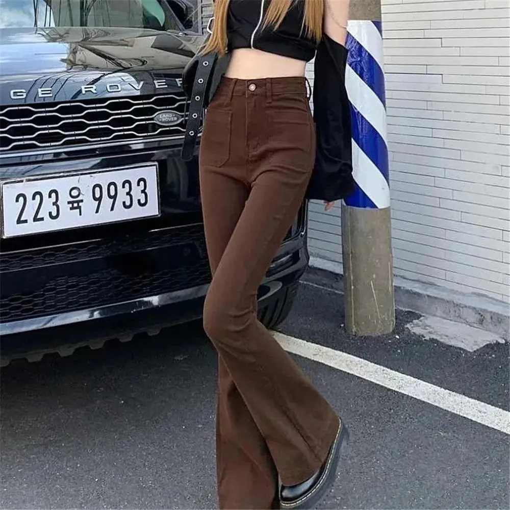 High Waist Stretch Slim Flared Women Bottom Straight Spring Autumn Brown Denim Pants Female Fashion Streetwear Jeans