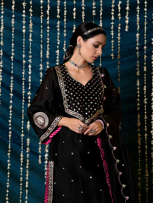 Hunar - Black Embroidered  Chanderi Silk Kurta Set (Set of 3)
