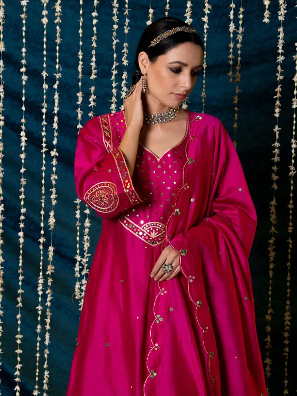 Hunar - Hot Pink Embroidered  Chanderi Silk Kurta Set (Set of 3)