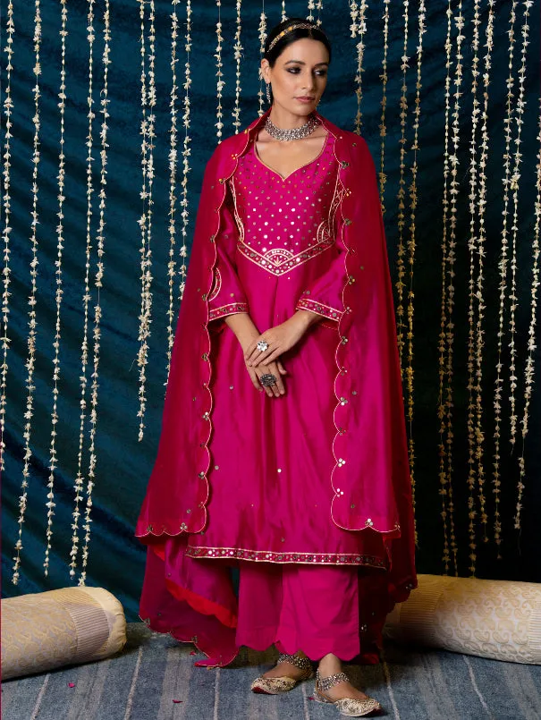 Hunar - Hot Pink Embroidered  Chanderi Silk Kurta Set (Set of 3)