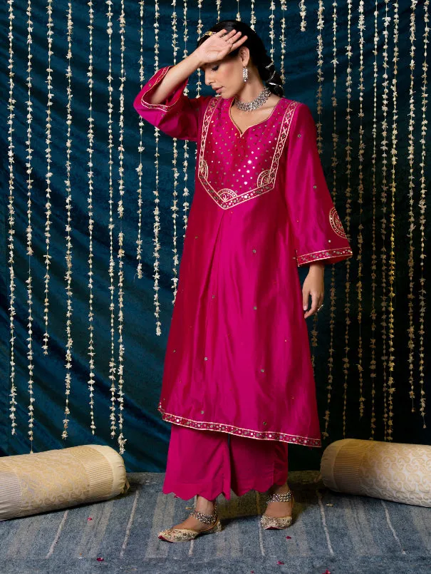 Hunar - Hot Pink Embroidered  Chanderi Silk Kurta Set (Set of 3)