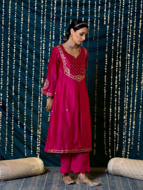 Hunar - Hot Pink Embroidered  Chanderi Silk Kurta Set (Set of 3)