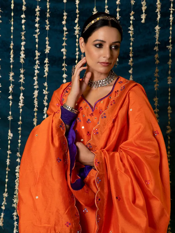 Hunar - Orange Embroidered  Chanderi Silk Kurta Set (Set of 3)