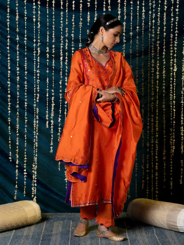 Hunar - Orange Embroidered  Chanderi Silk Kurta Set (Set of 3)