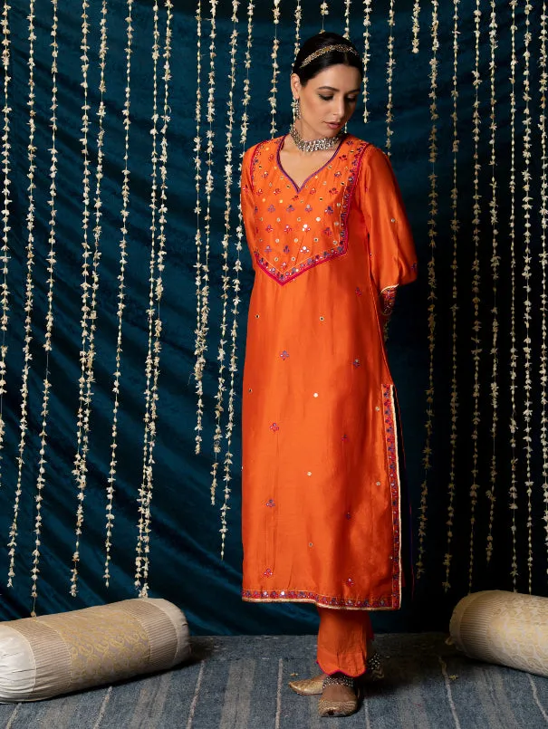Hunar - Orange Embroidered  Chanderi Silk Kurta Set (Set of 3)