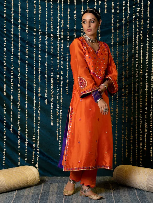 Hunar - Orange Embroidered  Chanderi Silk Kurta Set (Set of 3)