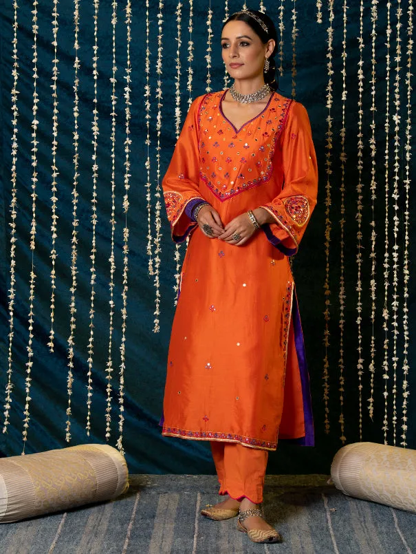 Hunar - Orange Embroidered  Chanderi Silk Kurta Set (Set of 3)